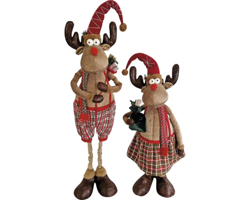 Zwei dekorative Weihnachts-Rentierfiguren aus Plüsch mit karierter Kleidung, spitzen Mützen und Geschenken.