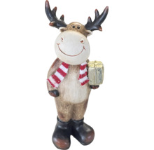 Weihnachtsfigur Elch mit gestreiftem Schal, Geschenkpaket und Stiefeln für die Innendekoration.