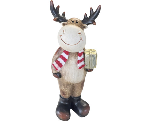 Weihnachtsfigur Elch mit gestreiftem Schal, Geschenkpaket und Stiefeln für die Innendekoration.