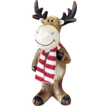 Dekofigur Elch mit rot-weiß gestreiftem Schal aus Polyresin, Weihnachtsdekoration für den Innenbereich.