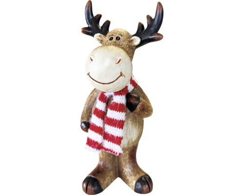 Dekofigur Elch mit rot-weiß gestreiftem Schal aus Polyresin, Weihnachtsdekoration für den Innenbereich.