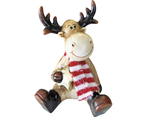 Weihnachtsfigur Rentier sitzend mit rot-weiß gestreiftem Schal und Stern