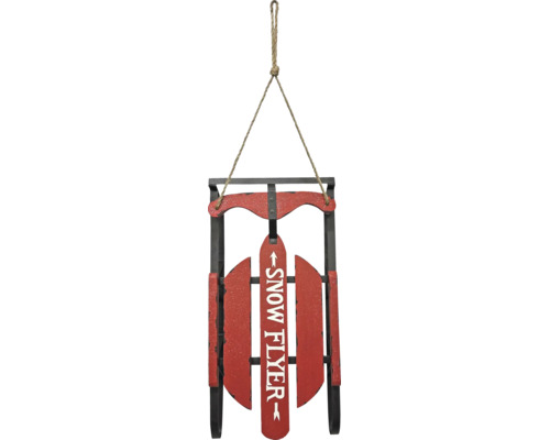 Roter Deko-Schlitten aus Holz und Metall zum Aufhängen mit Juteseil und Schriftzug Snow Flyer.