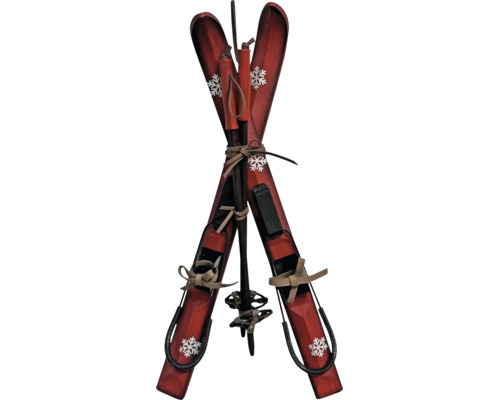 Dekorative Holzski mit Skistöcken und Schneeflocken-Motiv für die Winterdekoration.