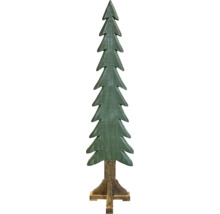 Dekorativer Weihnachtsbaum aus grünem Holz mit braunem Standfuß.
