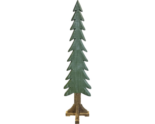 Dekorativer Weihnachtsbaum aus grünem Holz mit braunem Standfuß.