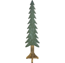 Grüner dekorativer Tannenbaum aus Holz im Vintage-Stil mit braunem Standfuß.