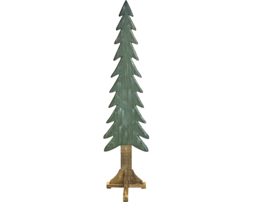 Grüner dekorativer Tannenbaum aus Holz im Vintage-Stil mit braunem Standfuß.