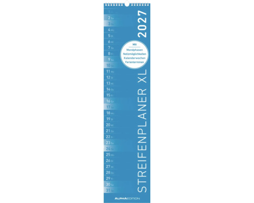 Wandkalender 2027 Streifenplaner Extra Large mit Mondphasen, Notizmöglichkeiten, Kalenderwochen und Ferienterminen. Alpha Edition Logo.