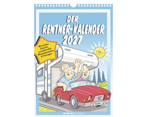 Wandkalender Der Rentner-Kalender 2027 mit lustigen Cartoons, Notizfeldern, Monatsübersichten und Feiertagen, Alpha Edition Logo