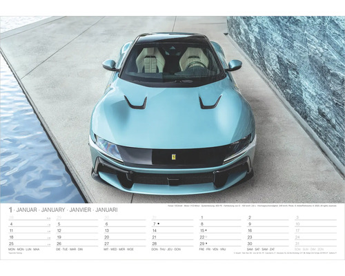 Kalenderblatt für Januar mit der Frontansicht eines hellblauen Ferrari 12Cilindri.