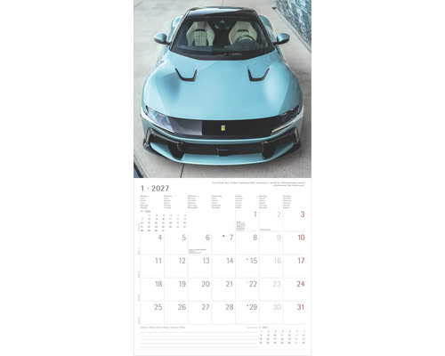 Wandkalender Blatt für Januar 2027 mit einer Abbildung eines hellblauen Ferrari 12Cilindri Sportwagens in der Frontansicht.