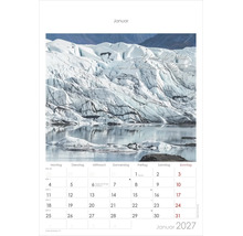 Kalenderblatt für Januar zweitausendsiebenundzwanzig mit einer Fotografie eines Gletschers und einer Berglandschaft.