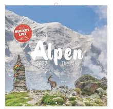 Wandkalender Alpen 2027 mit Berglandschaft, Steinbock und einer Liste für Erlebnisse. Alpha Edition Logo.