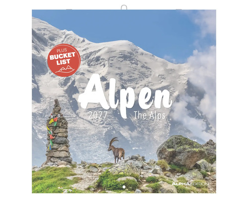 Wandkalender Alpen 2027 mit Berglandschaft, Steinbock und einer Liste für Erlebnisse. Alpha Edition Logo.