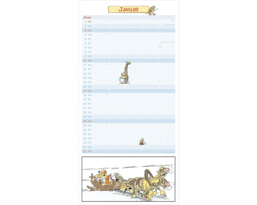 Asterix Familienplaner Kalenderblatt für Januar mit Spalten für Namen und Comic Illustrationen.
