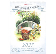Alpha Edition 100-jähriger Kalender 2027 mit Wetterprognosen und Bauernregeln. Aquarellbild von Gartenbank und Äpfeln.