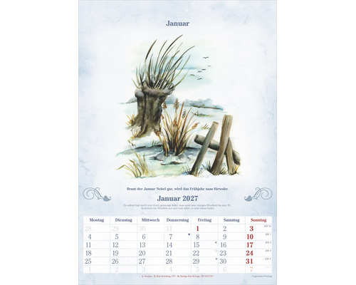 Kalenderblatt für Januar 2027 mit einer künstlerischen Illustration einer Winterlandschaft im Aquarellstil.