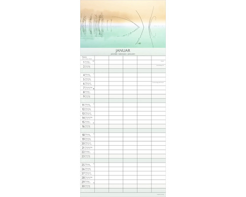 Wandkalender Familienplaner für den Monat Januar mit einer Wasserlandschaft mit Schilf und Spalten für Termine.