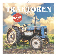 Wandkalender 2027 mit dem Titel Traktoren, Abbildung eines historischen Traktors auf einem Feld unter bewölktem Himmel, inklusive Bucket List.