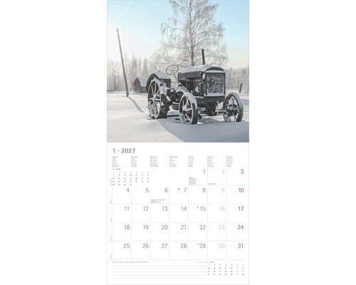 Wandkalender Blatt Januar 2027, Motiv alter Traktor in verschneiter Winterlandschaft.