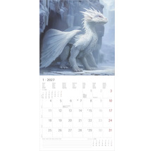 Kalenderblatt für Januar 2027 mit Illustration eines weißen Drachens in verschneiter Landschaft und mehrsprachigem Kalendarium.