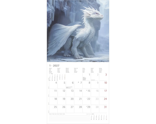 Kalenderblatt für Januar 2027 mit Illustration eines weißen Drachens in verschneiter Landschaft und mehrsprachigem Kalendarium.