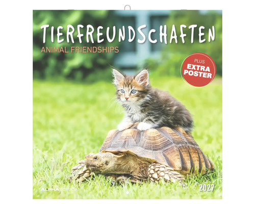 Wandkalender 2027 Tierfreundschaften mit einem Kätzchen auf einer Schildkröte, inklusive Poster, Alpha Edition Logo.