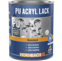 Dose Hornbach Polyurethan-Acryllack, glänzend, extrem kratzfest, extra deckend und langlebig, mit Blauer Engel Umweltsiegel und Hornbach Logo.