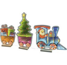 Décoration de Noël en bois en forme de train avec Père Noël, sapin et cadeaux.