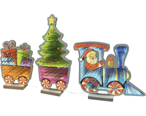 Décoration de Noël en bois en forme de train avec Père Noël, sapin et cadeaux.