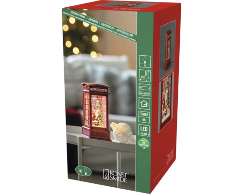 Konstsmide LED Wasserlaterne Telefonzelle mit Weihnachtsmann, Innenbereich, 5 Stunden Timer, Maße 9 mal 20 Zentimeter, Konstsmide Logo.