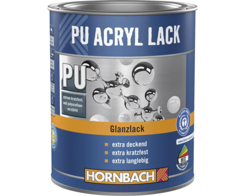 Pot de vernis acrylique polyuréthane Hornbach, brillant, résistant aux rayures, hautement couvrant, label Ange Bleu et Hornbach Logo.