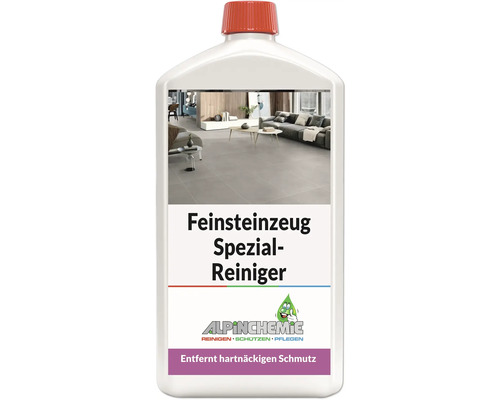 Nettoyant spécial Alpinchemie pour grès cérame pour l'élimination des salissures tenaces sur sols carrelés, flacon blanc avec Alpinchemie Logo.