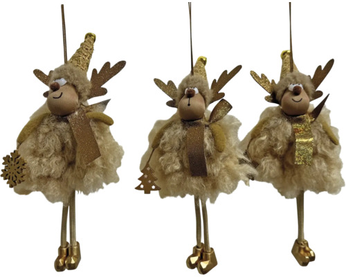 Weihnachtsanhänger Rentier Figur mit Plüschkörper und Glitzerakzenten 3er Set