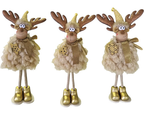 Drei dekorative Rentierfiguren mit flauschigem Körper, goldenem Geweih, Schal und Stiefeln.