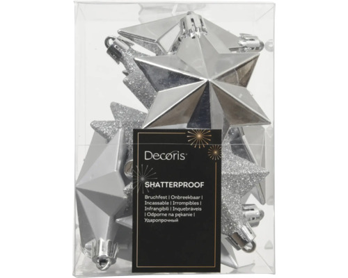 Decoris Weihnachtsanhänger Sterne Silber, bruchfest, glänzend und mit Glitzer, Set in Box.