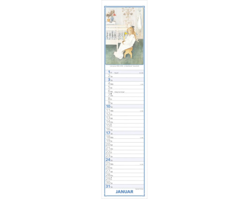 Schmaler Wandkalender für den Monat Januar mit einer Illustration von Carl Larsson, die ein Kind im Nachthemd zeigt.