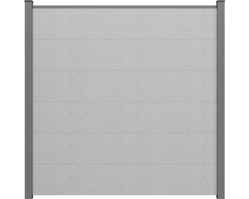 Panneau brise-vue aspect béton avec lattes horizontales et cadre métallique gris.