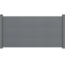 Panneau de clôture brise-vue avec trois lames horizontales et poteaux latéraux en anthracite.