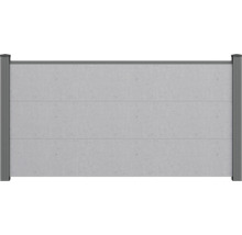 Clôture brise-vue aspect béton avec trois panneaux horizontaux et poteaux anthracite.