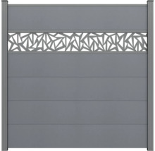 Clôture brise-vue en BPC anthracite avec lames horizontales et élément décoratif géométrique.