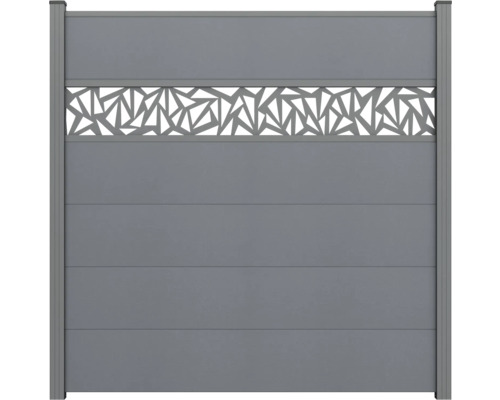 Clôture brise-vue en BPC anthracite avec lames horizontales et élément décoratif géométrique.