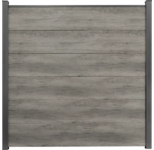 Panneau de clôture brise-vue en WPC aspect bois gris avec poteaux et cadre foncés.