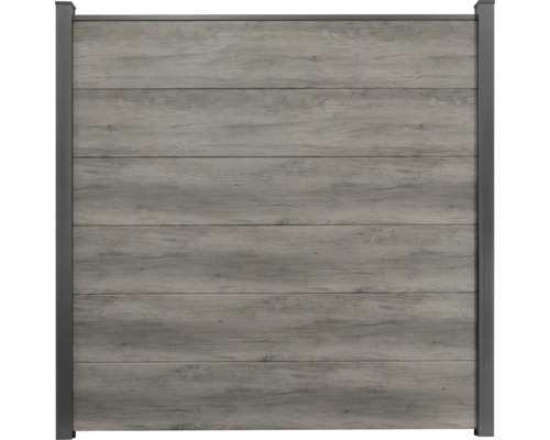 Panneau de clôture brise-vue en WPC aspect bois gris avec poteaux et cadre foncés.