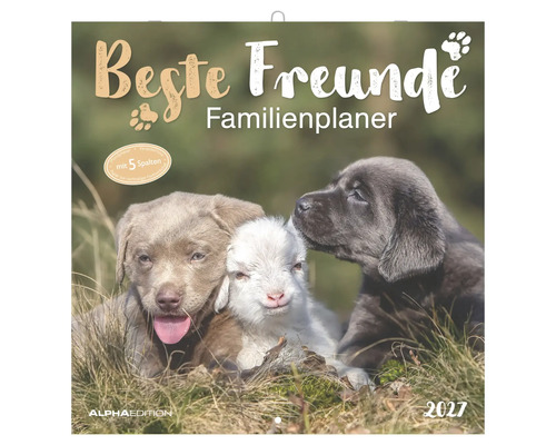 Familienplaner 2027 Beste Freunde mit fünf Spalten, Motiv mit zwei Welpen und einem Lamm, Alpha Edition Logo.