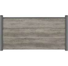 Clôture de jardin aspect bois avec trois larges panneaux horizontaux et des poteaux métalliques gris.