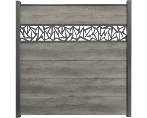 Panneau de clôture en composite bois-plastique aspect bois gris avec insert décoratif en métal et cadre en aluminium anthracite.