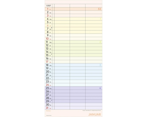 Kalenderblatt für Januar 2027 mit mehreren Spalten für Notizen und farblich markierten Wochenabschnitten.