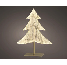 Sapin de Noël décoratif lumineux doré avec effet pailleté sur un socle rectangulaire.